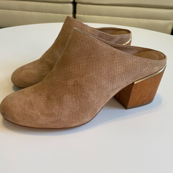 Calvin Klein Judia Suede Leather Mules Wood Block Chunk Heel Slip on Clogs Boots - Picture 2 of 16